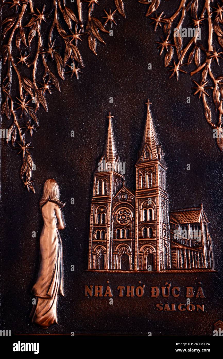 The Notre Dame Cathedral of Saigon.  Metal engraving. Stock Photo