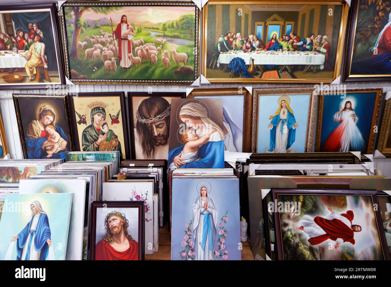 Fatima Church. A shop selling Christian merchandise. Images of Jesus and Mary;  Ho Chi Minh city. Vietnam. Stock Photo