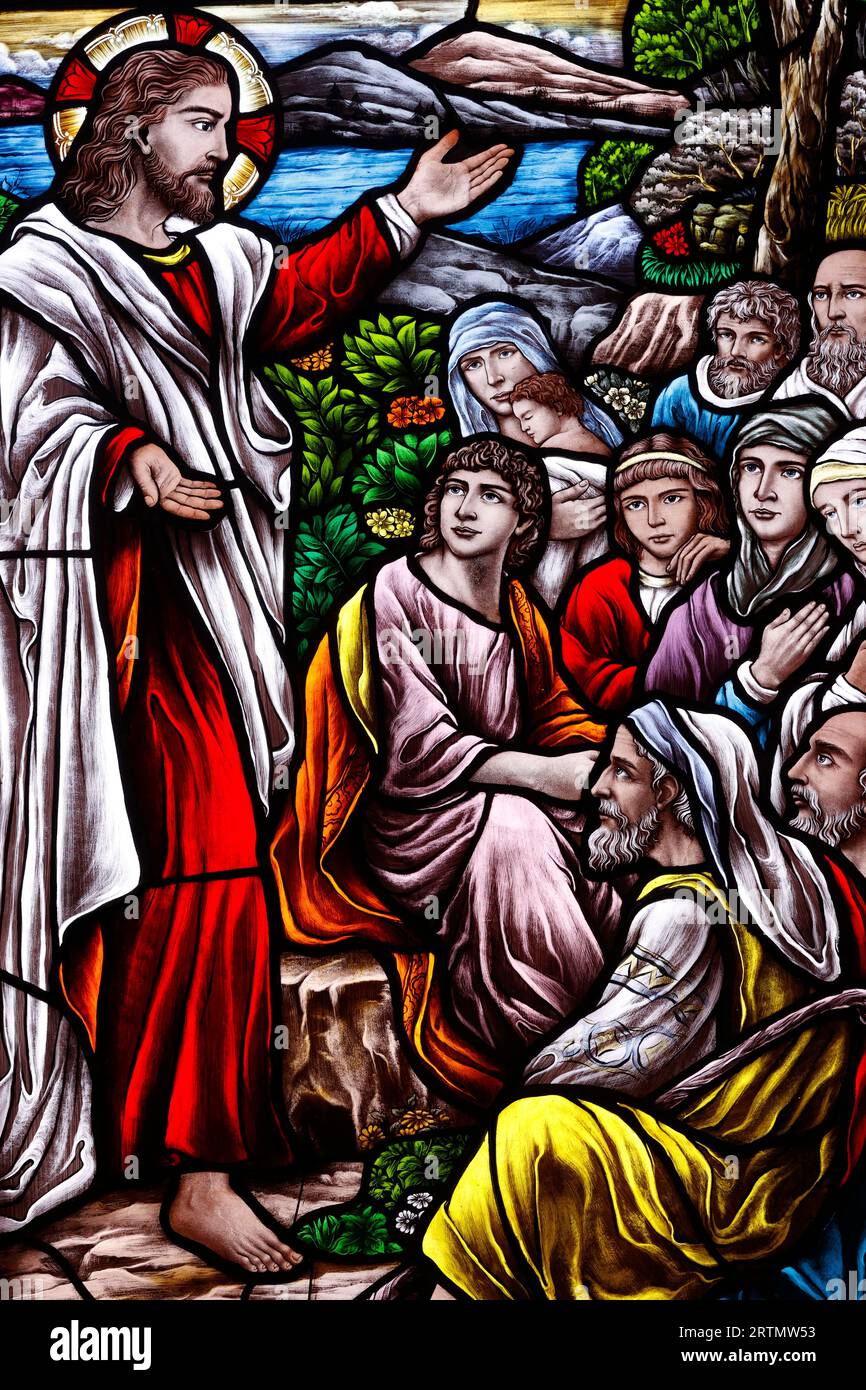 Song Vinh catholic church.  Stained glass window. The Sermon on the Mount is a collection of sayings spoken by Jesus found in the Gospel of Matthew. Stock Photo