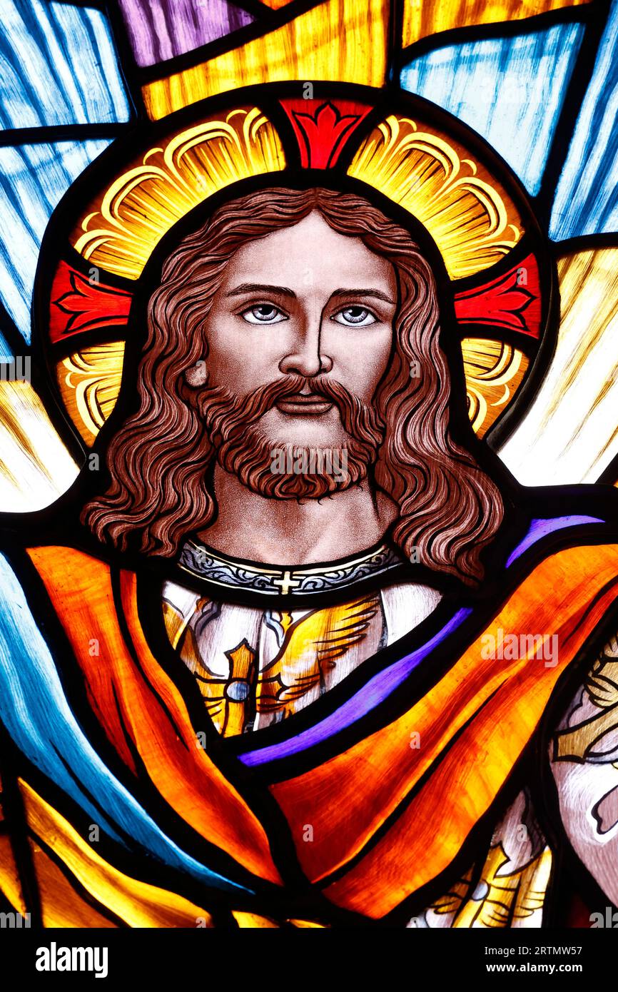 Song Vinh catholic church. Stained glass window. The Ascension of Jesus Christ in Heaven. Detail