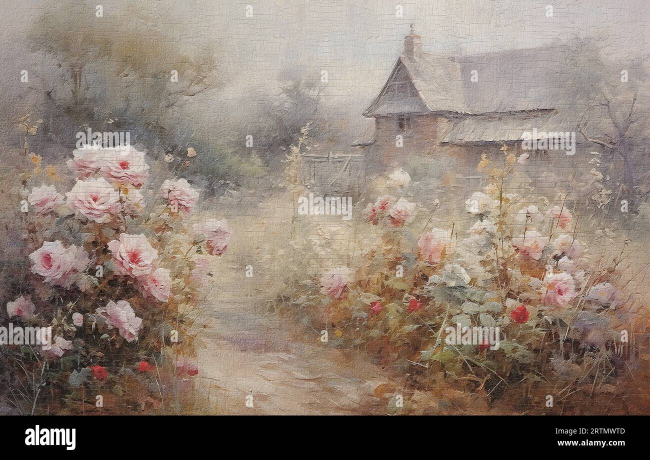 Digital Vintage Cottage Art Red Flowers HighRes Digital Oil Painting Wall Art Stock Photo