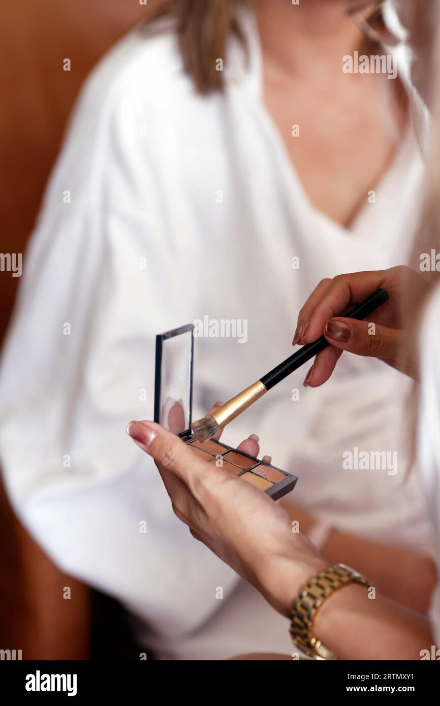 Professional makeup artist doing makeup for young woman. Beauty. Stock Photo