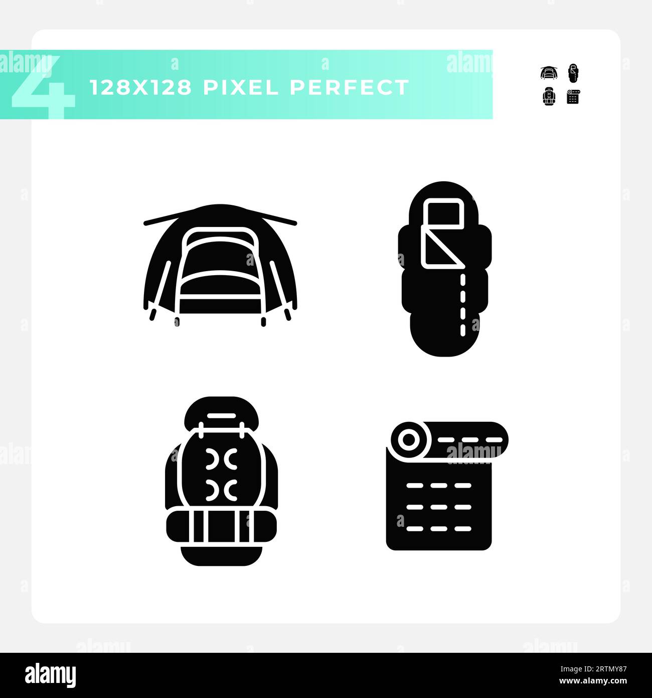 2D pixel perfect hiking gear glyph style icons Stock Vector