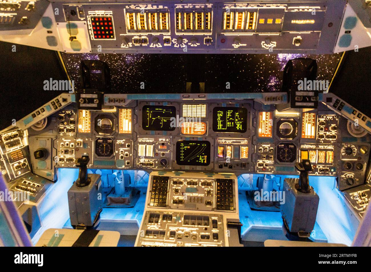 PRAGUE, CZECHIA - JULY 10, 2020: Space Shuttle cockpit model at Cosmos Discovery Space Exhibition in Prague, Czech Republic Stock Photo