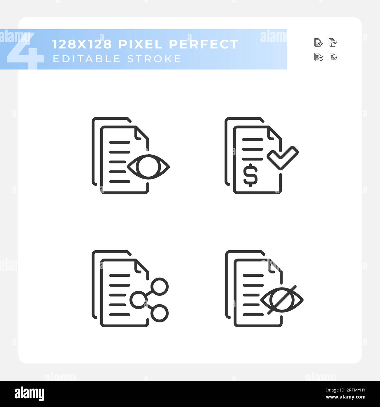Pixel perfect black document line icons set Stock Vector