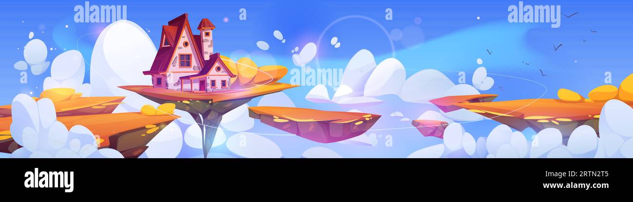 Fantasy house on floating island in autumn sky cartoon landscape. Magic fairytale rock platform flying high in cloud with small hut building nature ui Stock Vector