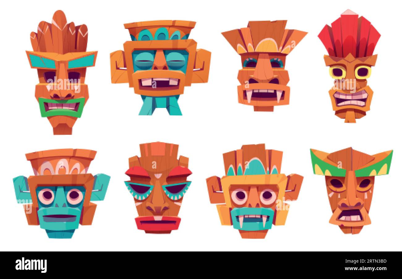 Totem tiki mask hawaiian tribal cartoon vector. African face icon with