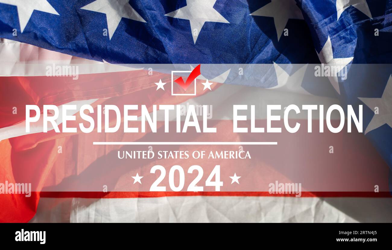 Presidential Election 2024 text on white paper over Waving American