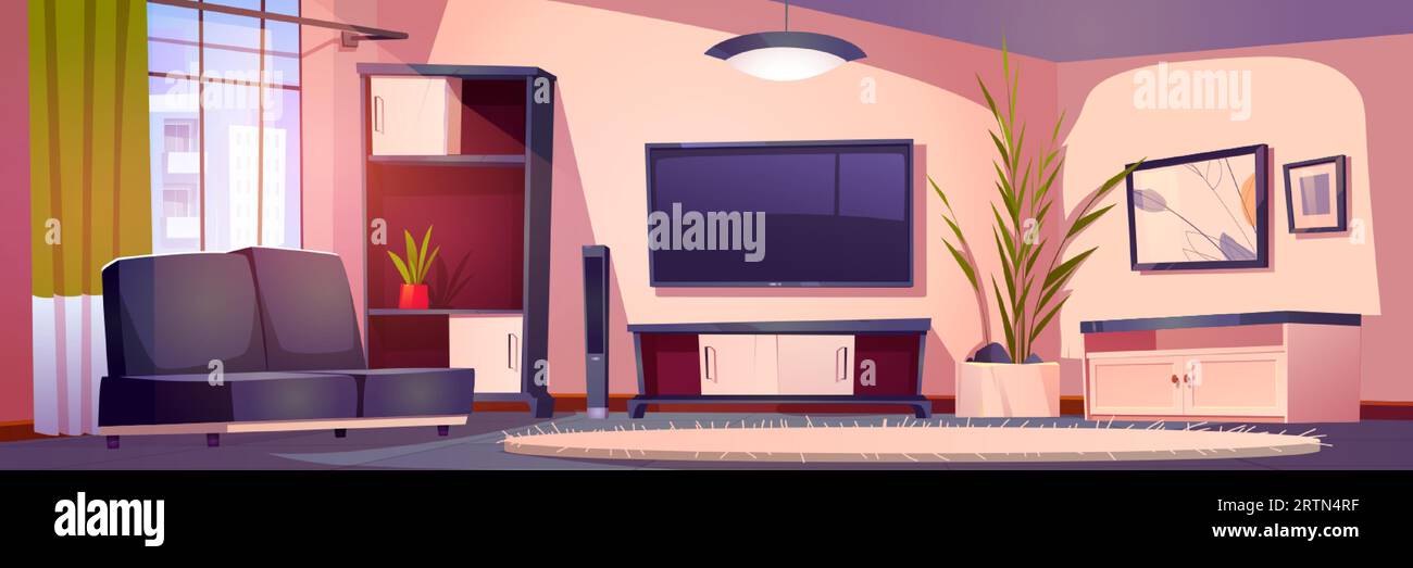 Living room home interior with tv and furniture. Modern vector