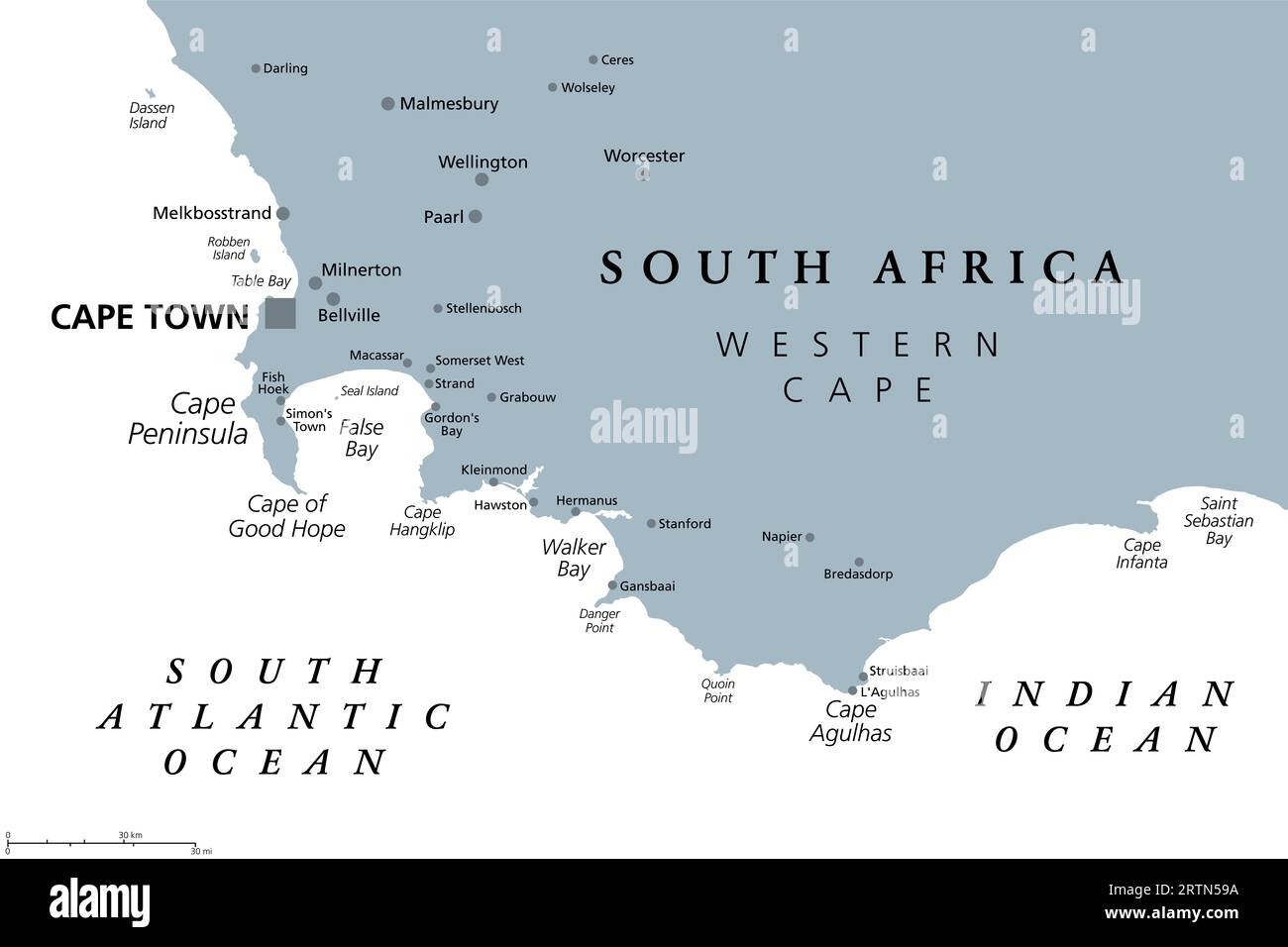 Cape of Good Hope region in South Africa, gray political map. From Cape Town and Cape Peninsula, to Cape Agulhas, southernmost tip of Continent Africa Stock Photo