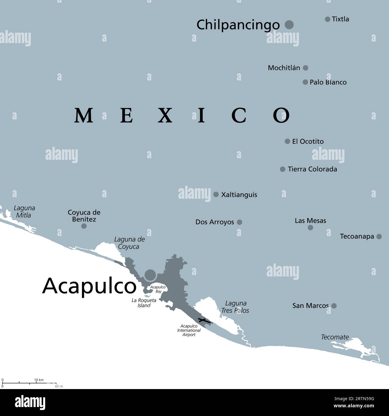 Acapulco and surroundings, gray political map. Acapulco de Juarez, city and major port of call in state of Guerrero on Pacific Coast of Mexico. Stock Photo