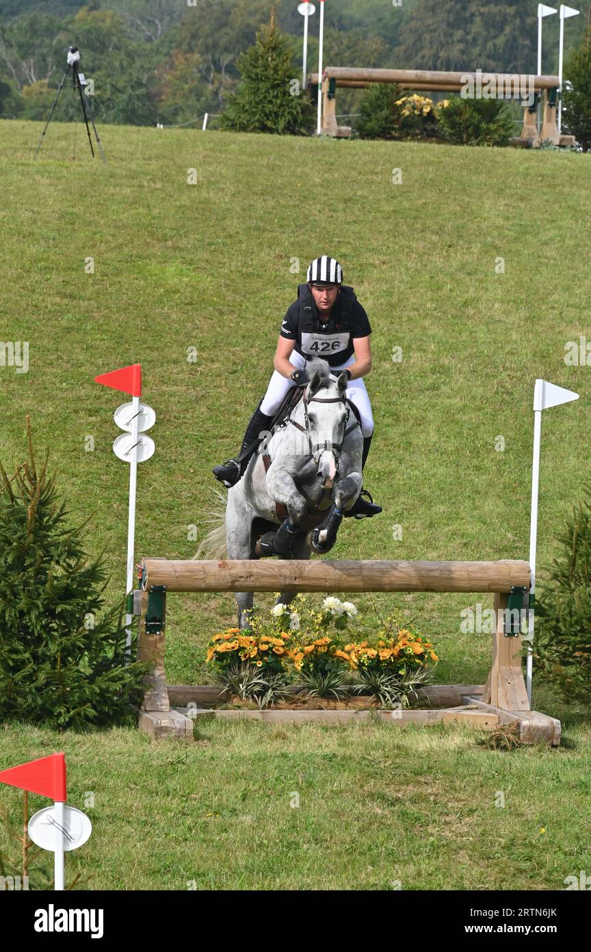 Jesse Campbell on Misty Liberty Jane, cross country phase of the CIC-S 2* competition, Cornbury Park Horse Trials 2023, Charlbury, Oxfordshire Stock Photo