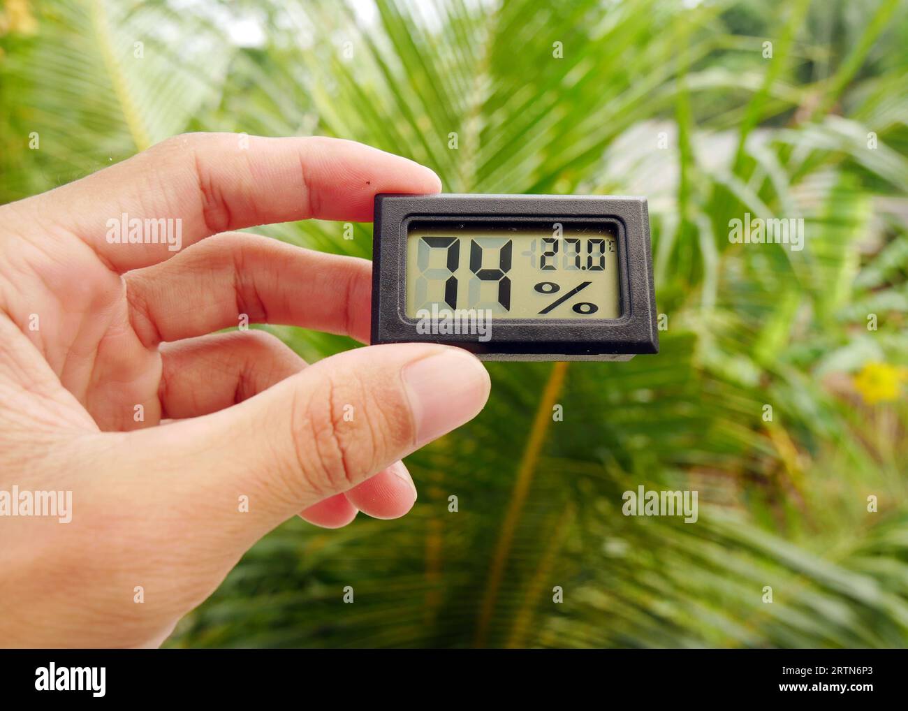 Hand holding thermometer and humidity instrument isolated on blue