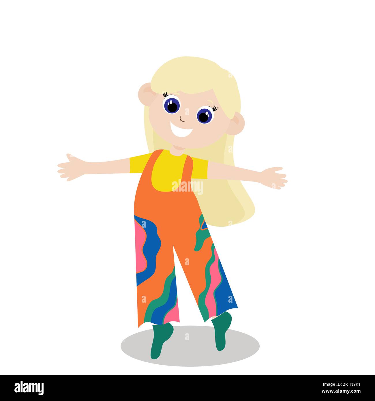 A girl in a wide colored jumpsuit rejoices and stands with her arms outstretched. The child is happy and fashionably dressed. Character design. Stock Vector