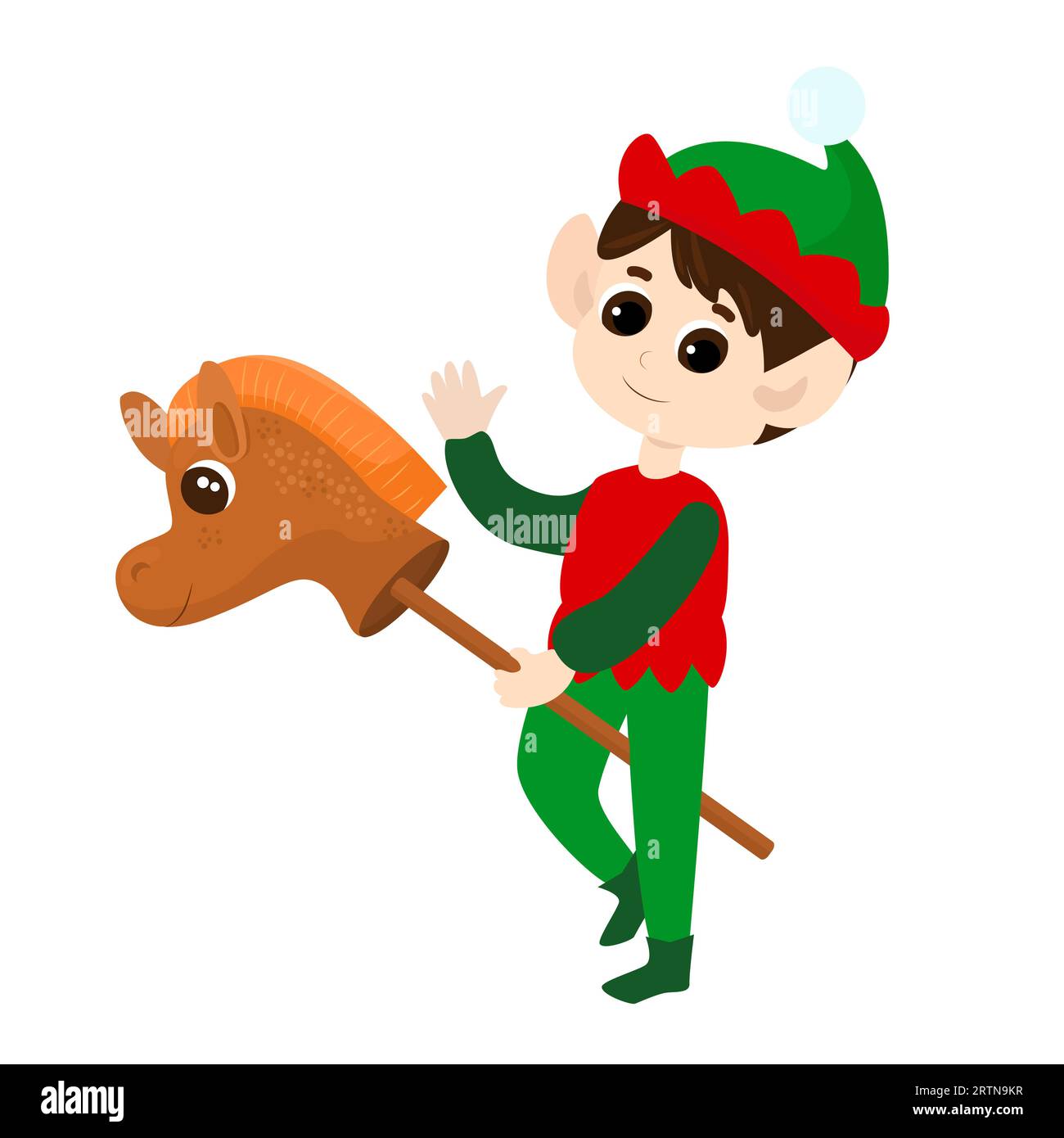 An elf rides a toy horse on a stick. The boy waves hello he is happy. The child is wearing traditional elf clothing. Cartoon Christmas illustration. Stock Vector