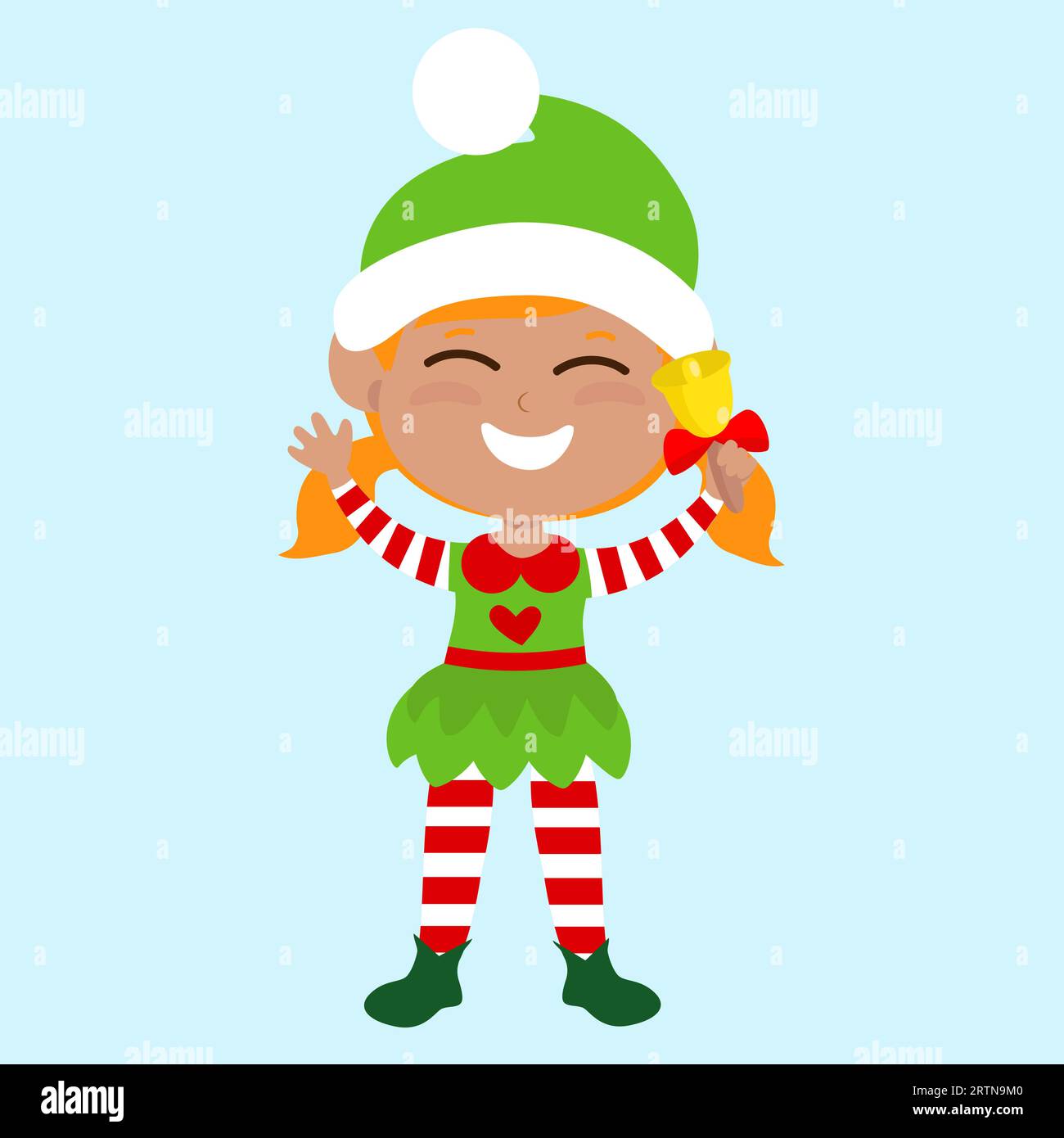 The elf stands straight and holding a bell in his hand. The child is happy and smiling and he is delighted. Stock Vector