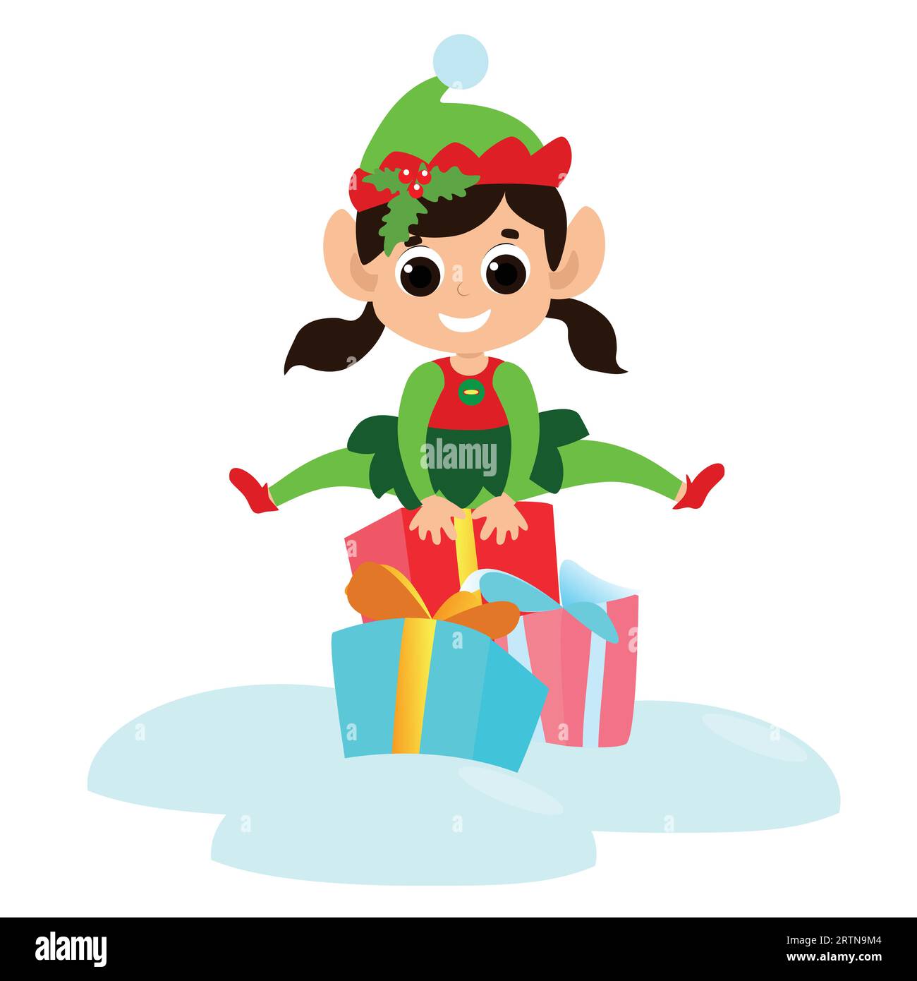 Little elf girl jumps over gift boxes. The child is happy and dressed in a traditional elf costume. She has a cute face and happy eyes. Stock Vector