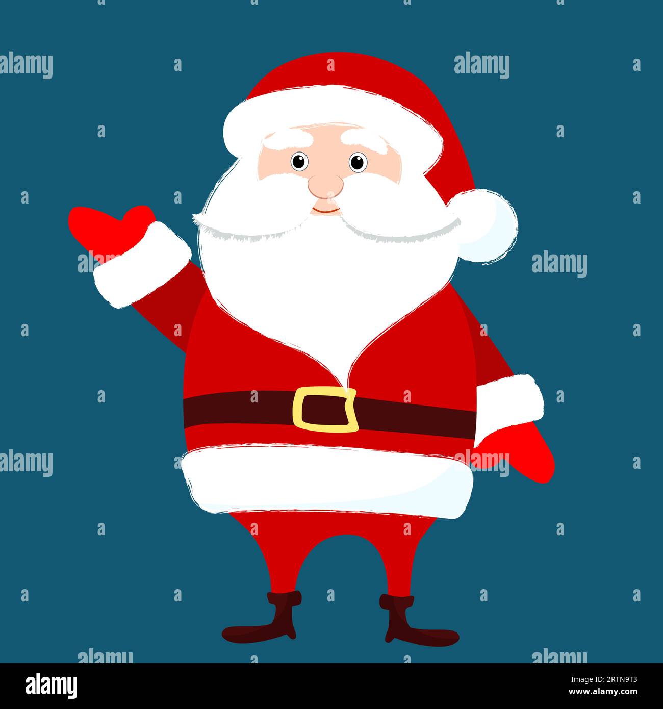 Santa Claus is standing straight and waving hello. Winter funny character design. Christmas illustration in cartoon flat style. Stock Vector