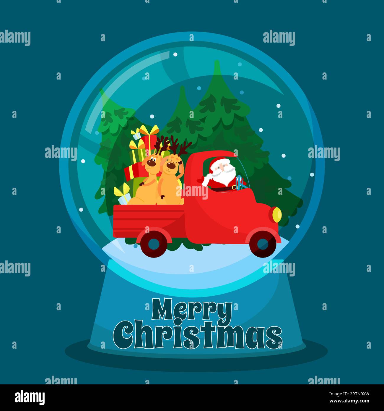 Santa Claus is driving a truck carrying reindeer and a fir tree. Christmas scene in a glass bowl.Christmas greeting vector card. Stock Vector