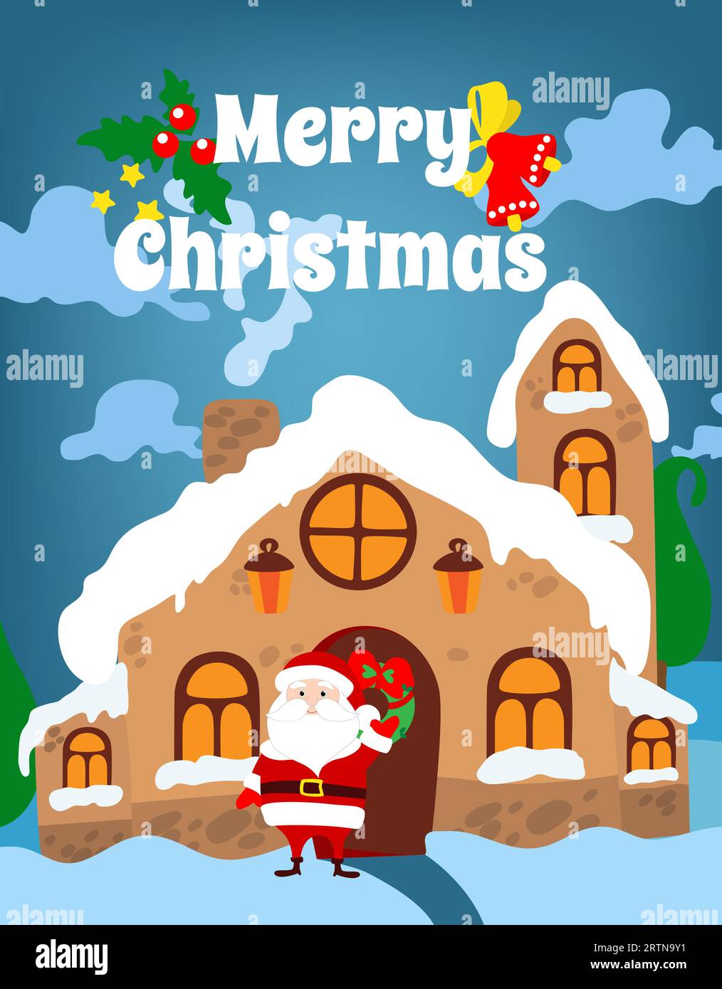 Santa Claus is standing near the door of his house against the backdrop of a fabulous winter landscape. Vector Christmas illustration. Stock Vector