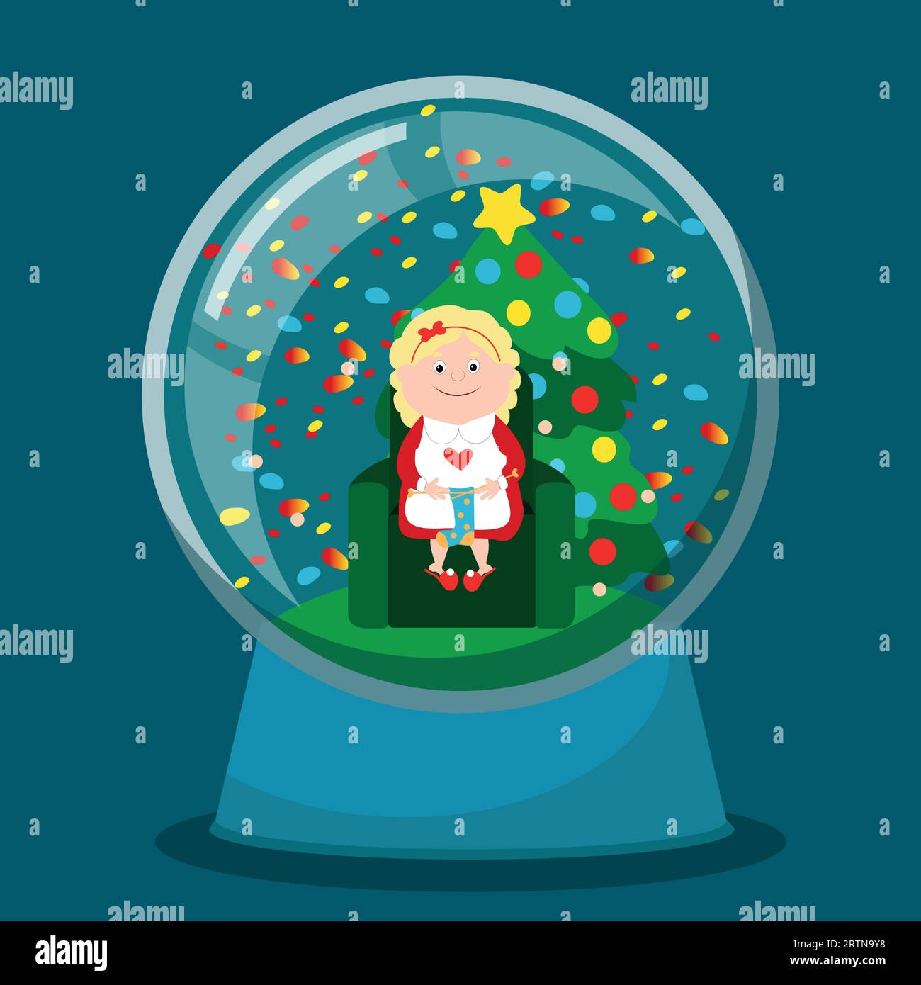 In a glass snow globe Mrs. Santa Claus is knits a sock  in a house. Mother Christmas is sitting on a chair near a decorated Christmas tree. Stock Vector