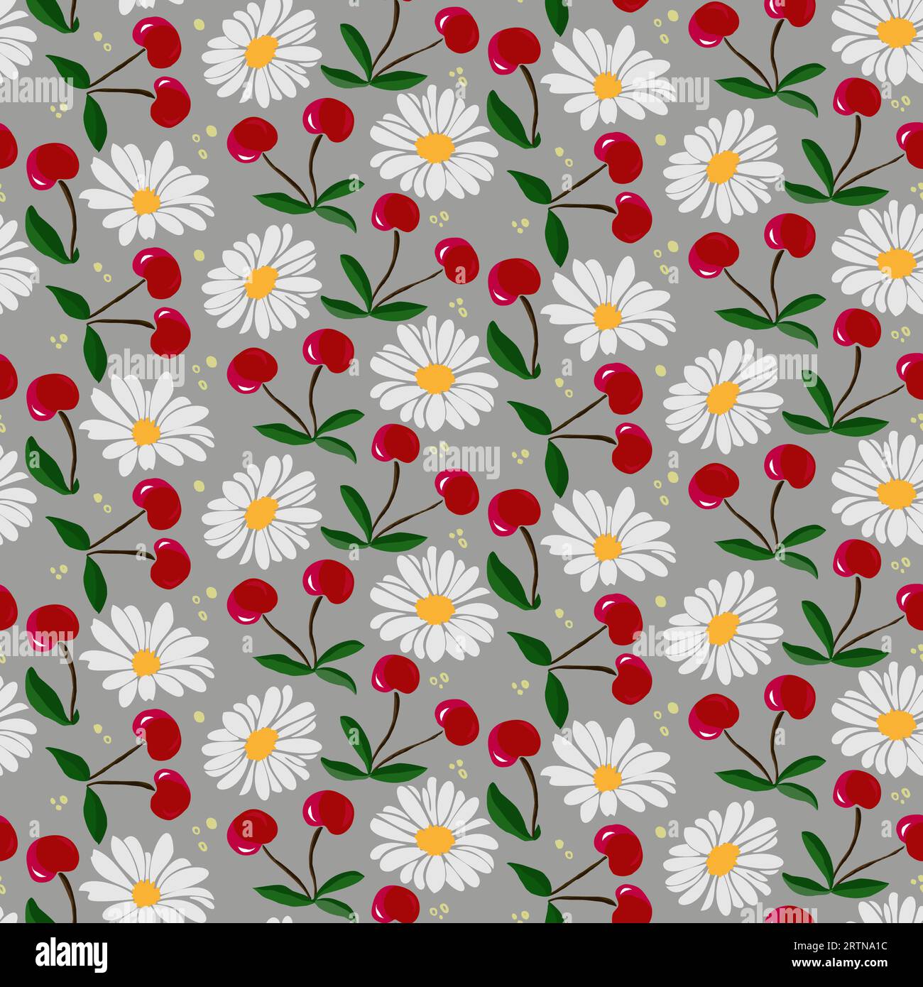 Cherry fruit and daisy flower design textile or wallpaper. Vector seamless pattern Stock Vector