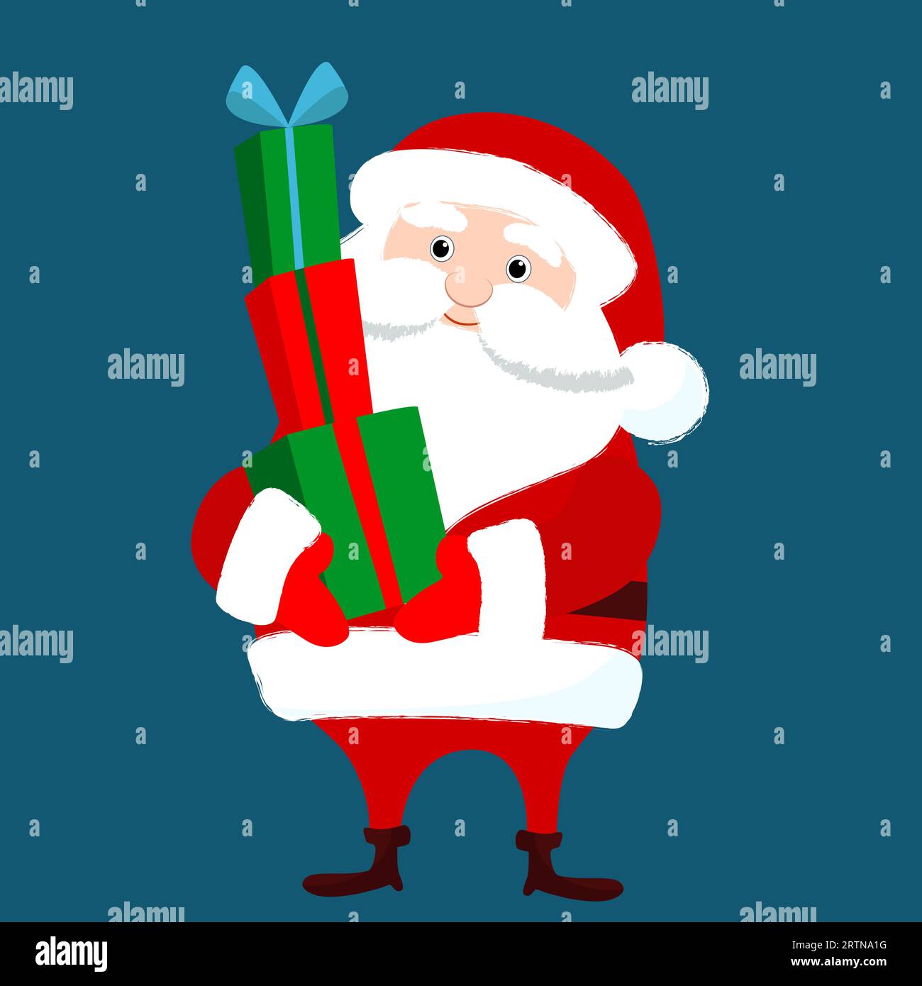 Santa Claus holds many gifts in his hands in front of him. Winter funny character design. Christmas illustration in cartoon flat style. Stock Vector