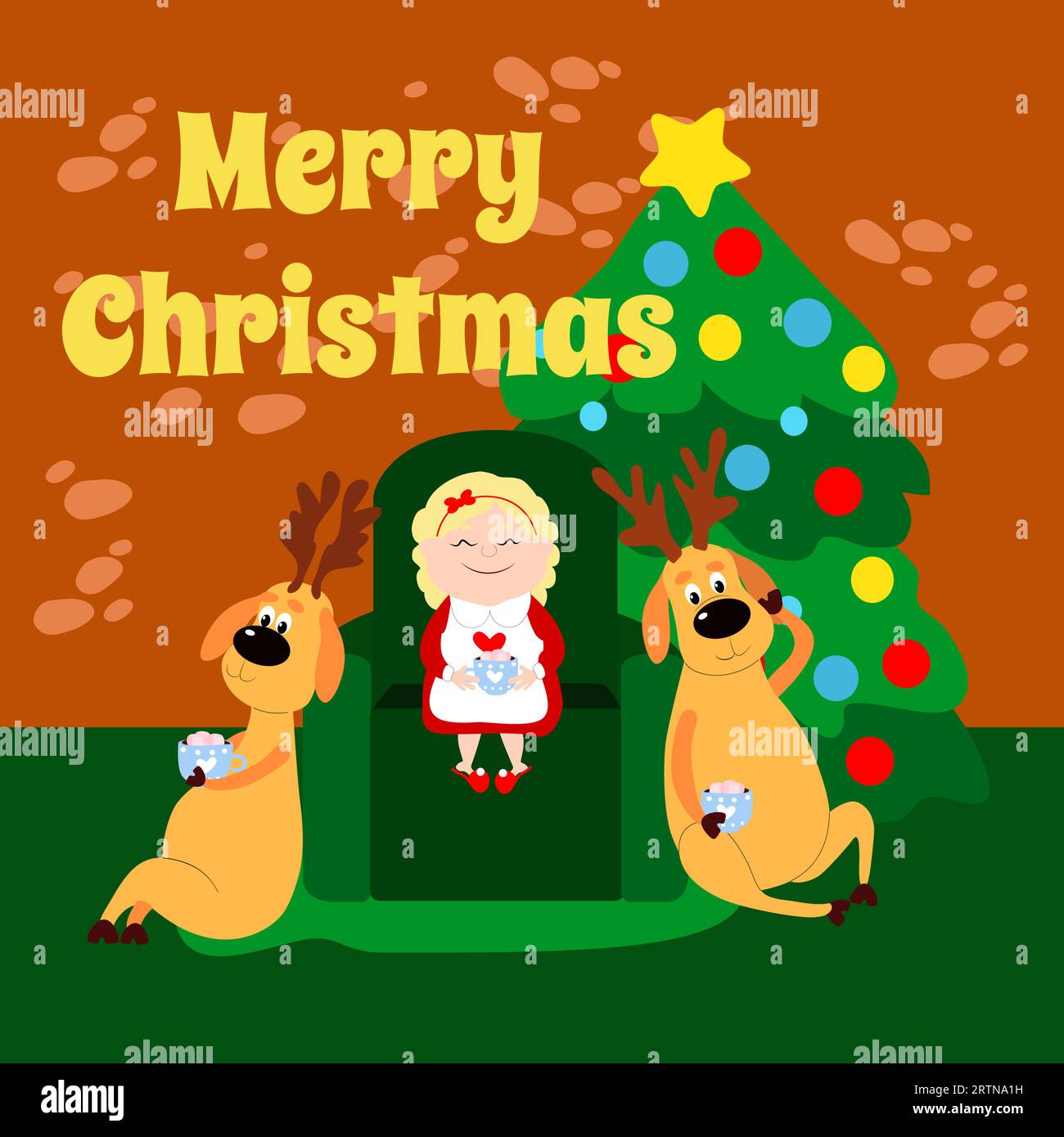 Mrs. Santa Claus is reading a book Reindeer in a house. Mother Christmas is sitting on a chair near a decorated Christmas tree. Cartoon characters. Stock Vector