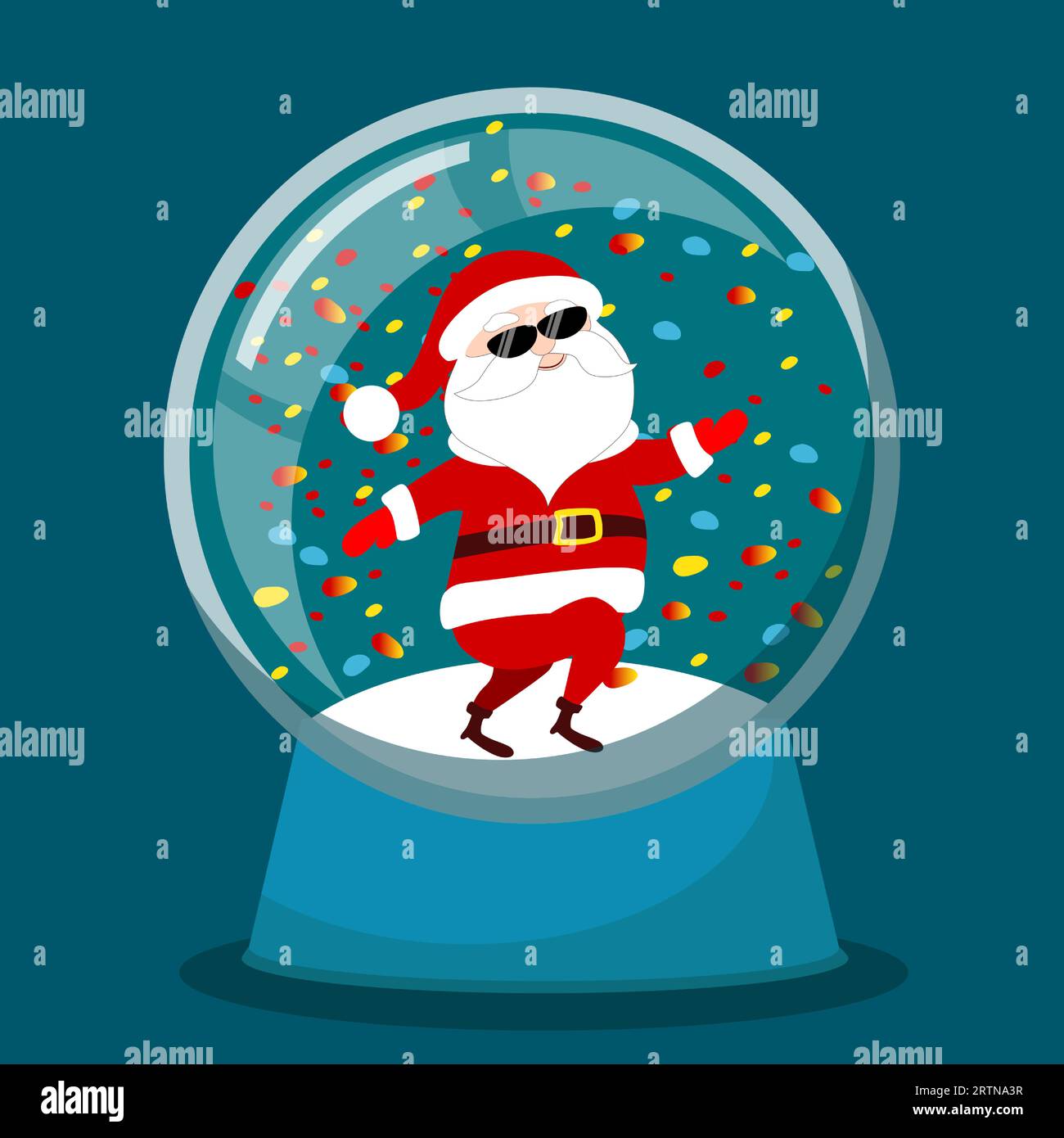 A glass snow globe with Santa inside, who is very cheerful, bouncing or dancing, wearing sunglasses. The mood of joy, delight and fun. Vector cartoon Stock Vector