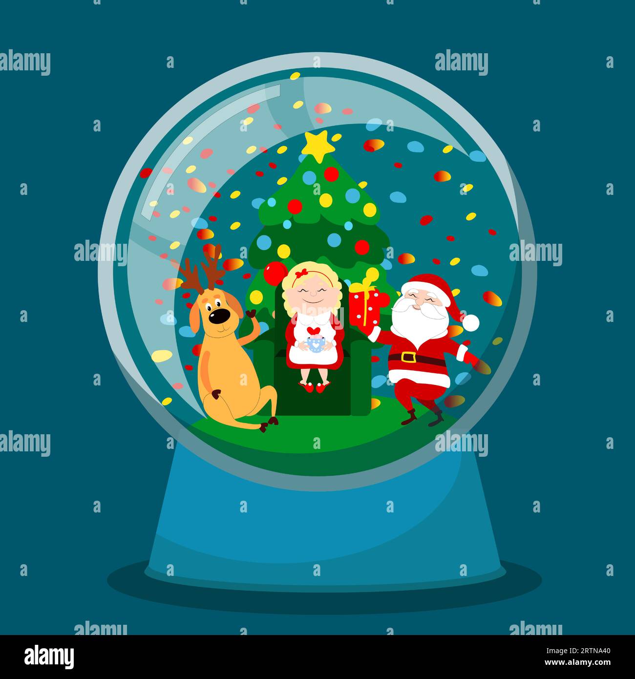 Inside a glass decorative ball Mrs. Santa Claus and a reindeer and Santa Claus with a gift. The atmosphere of comfort, holiday, Christmas. Stock Vector