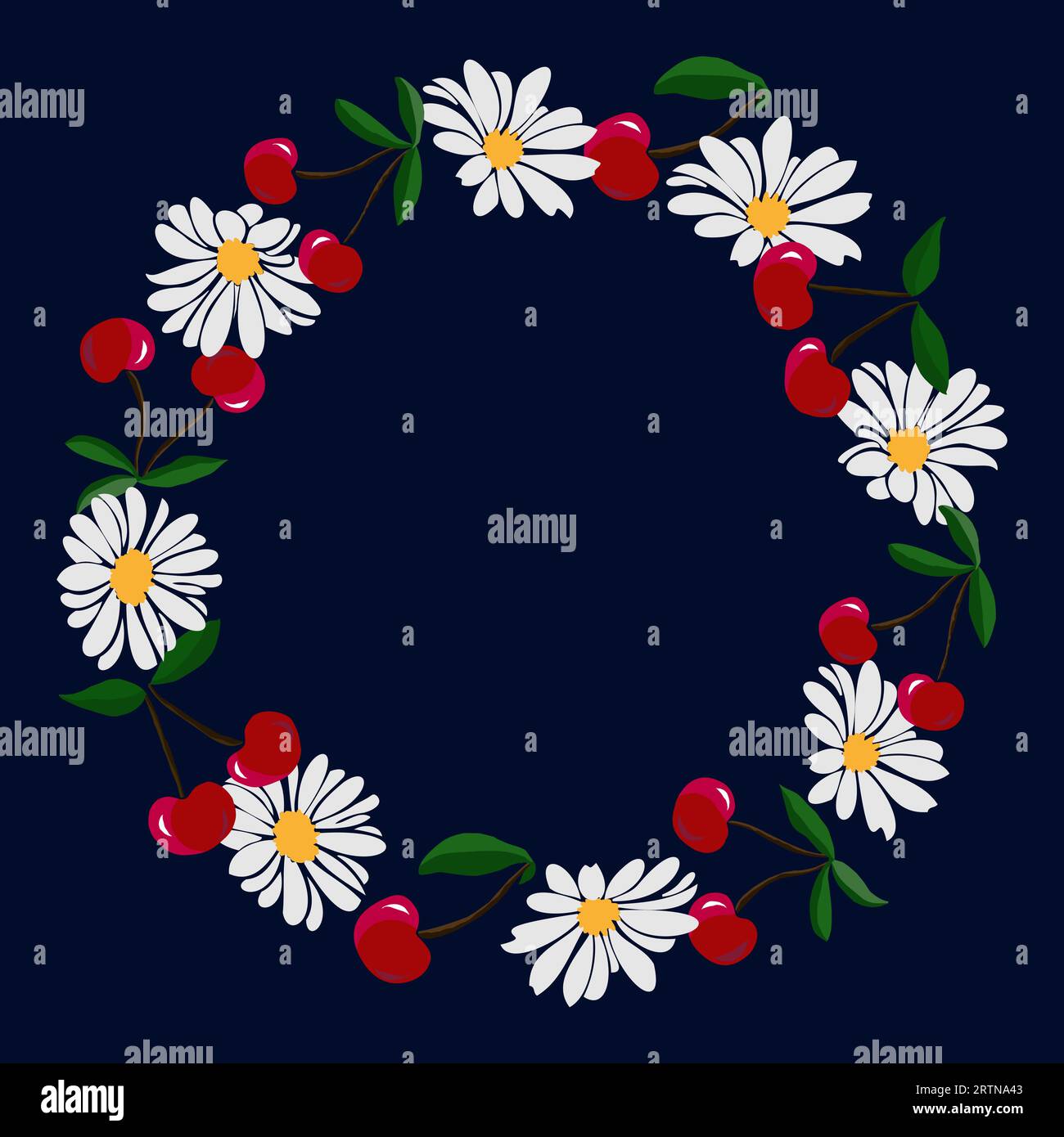 Cherry fruit and daisy flower design textile or wallpaper. Vector seamless pattern Stock Vector