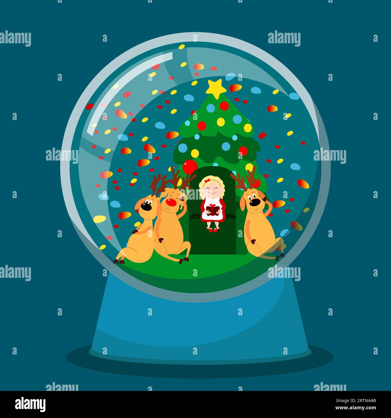 In a glass snow globe Mrs. Santa Claus is reading a book Reindeer in a house. Mother Christmas is sitting on a chair near a decorated Christmas tree. Stock Vector