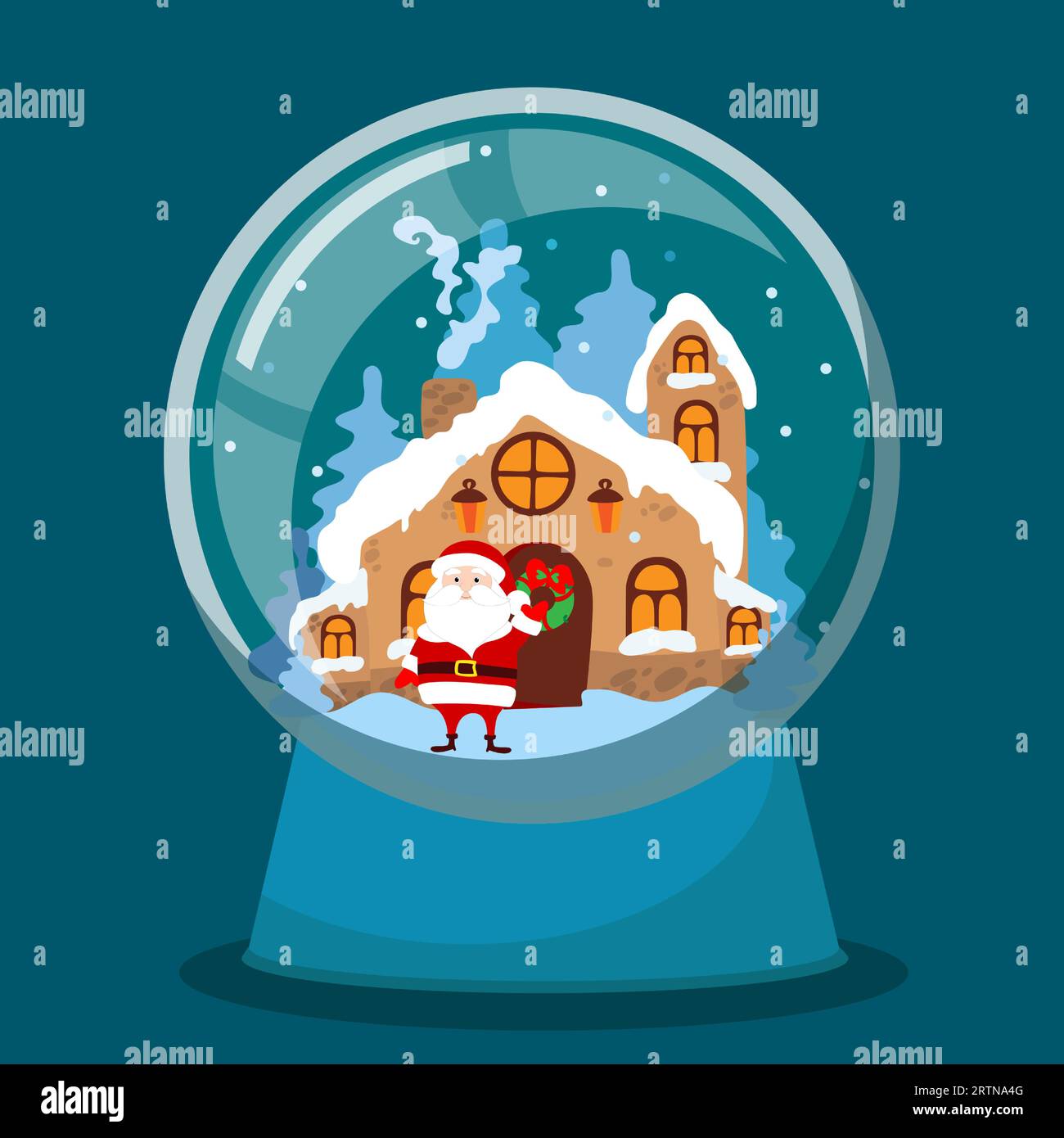 Glass snow globe with Santa Claus inside and his house. Cartoon vector illustration for Christmas greeting cards. There is a place for your text. Stock Vector