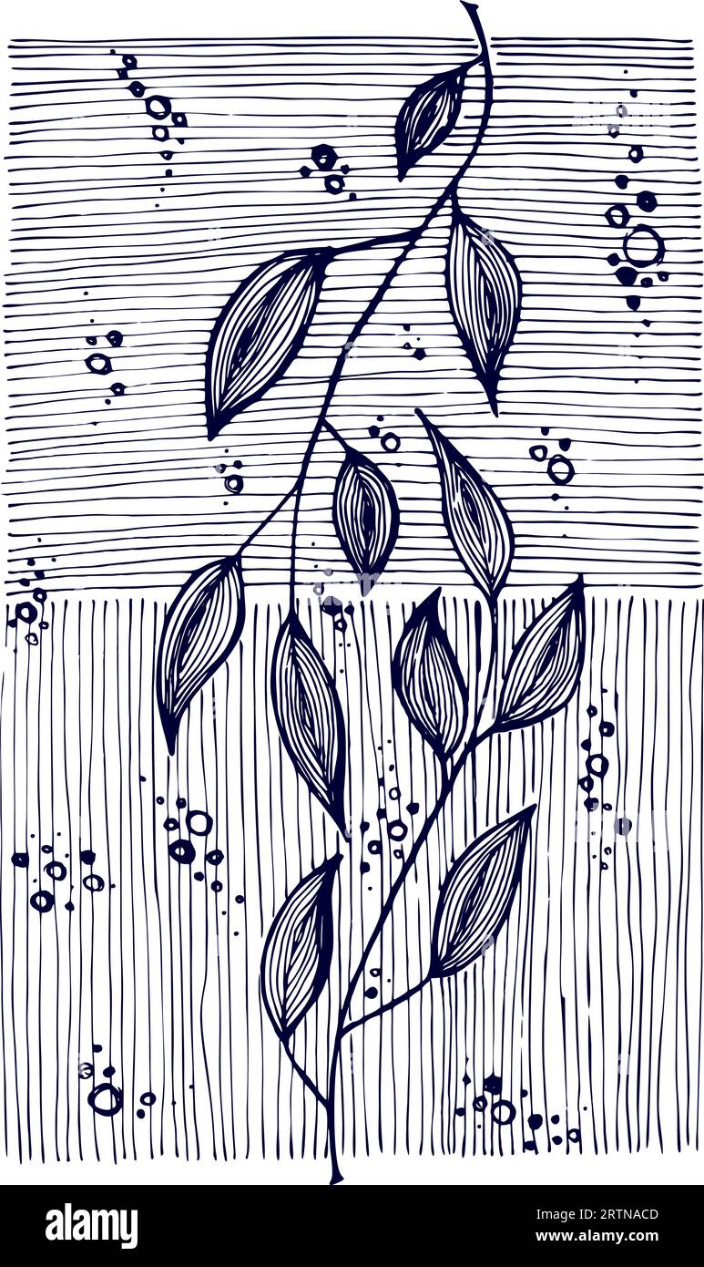 Abstract outlined leaves and branches pattern. Hand drawn black brush ...
