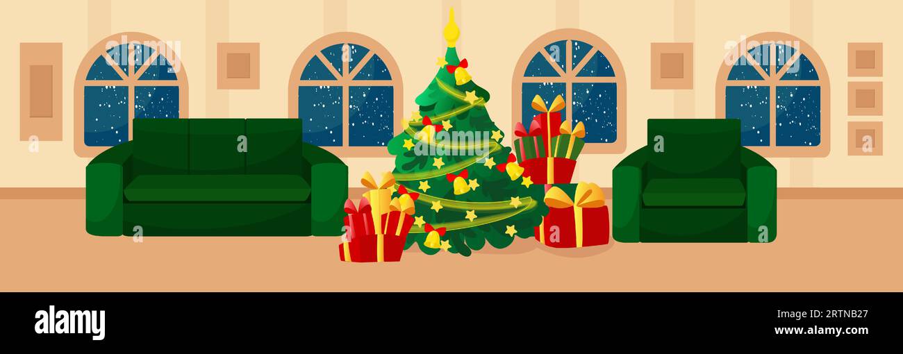 A room from the inside in a house decorated before Christmas. The room has windows, a green sofa and armchair, a Christmas tree and gift boxes. Stock Vector