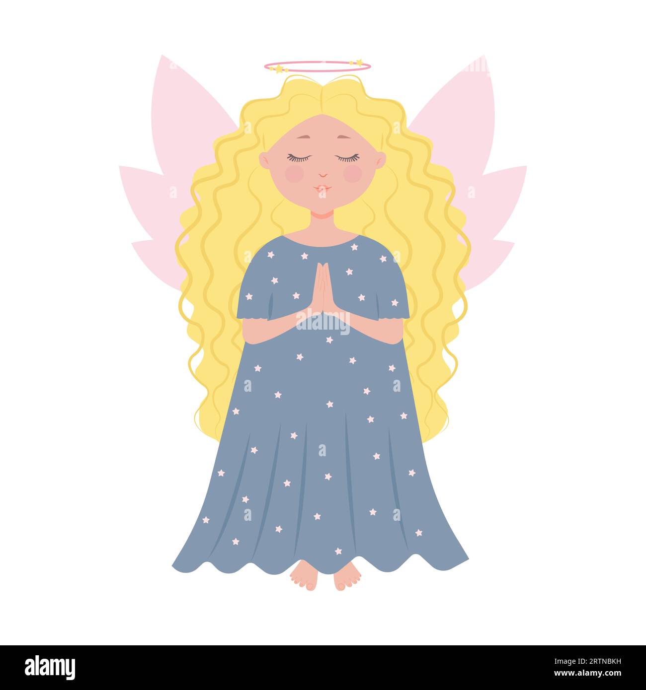 Angel girl with lush curly hair in a flat cartoon style. Vector illustration isolated on white. A magical fairy Stock Vector