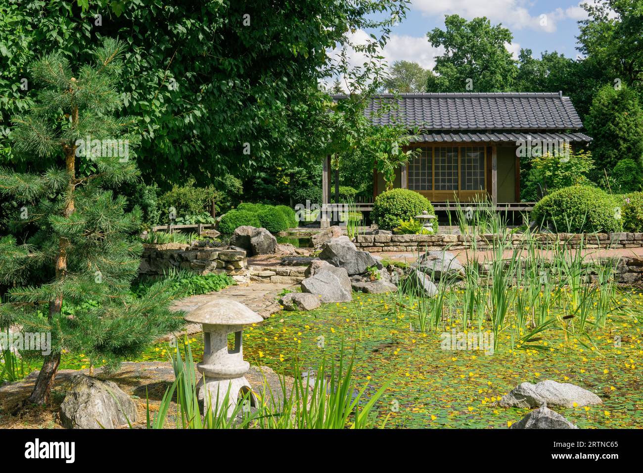 tea house near pond in japanese garden Stock Photo Alamy