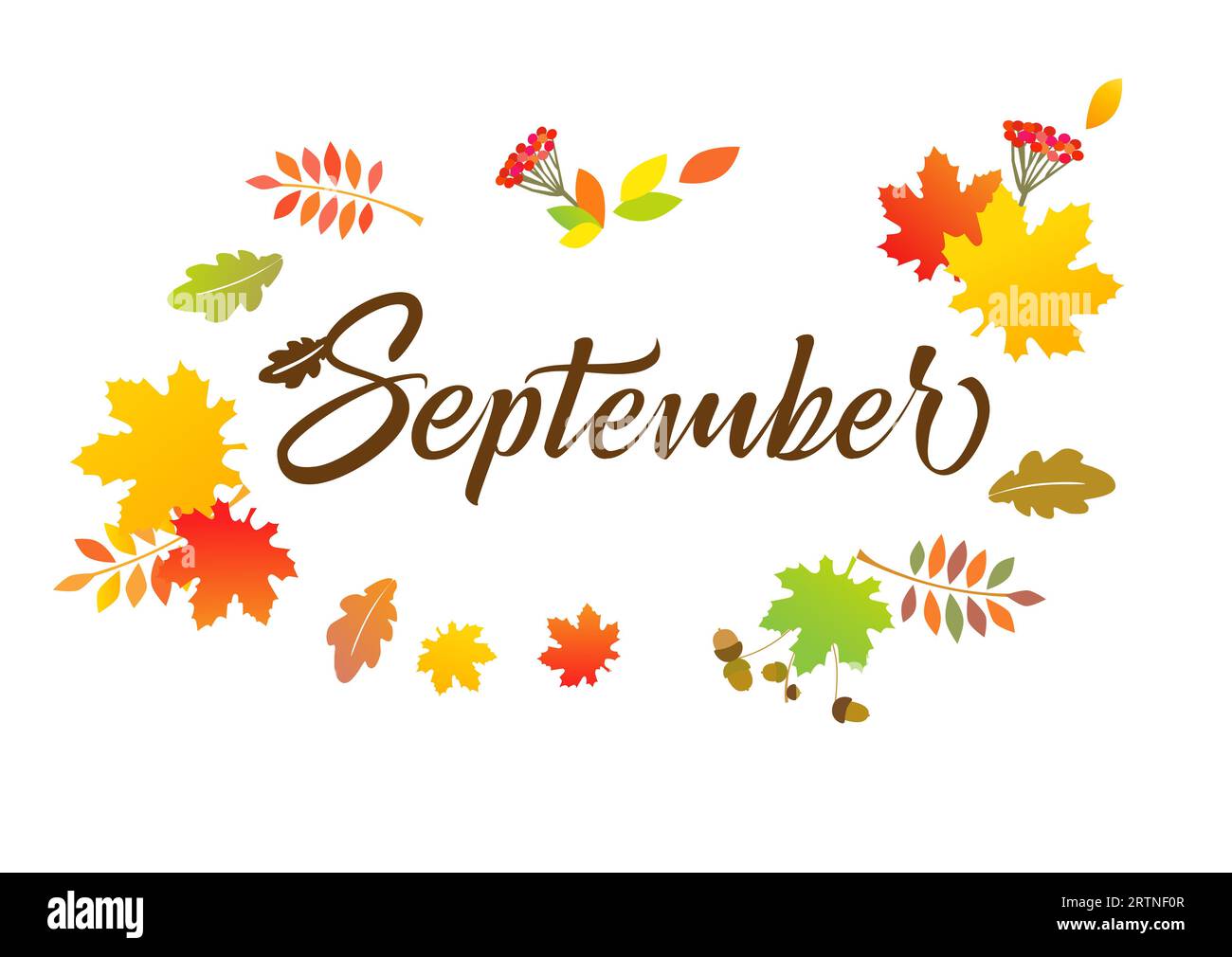 September network poster. Beautiful typography and autumn colorful leaves. Greeting card or wallpaper design. Fall seasonal nature. Round frame concep Stock Vector