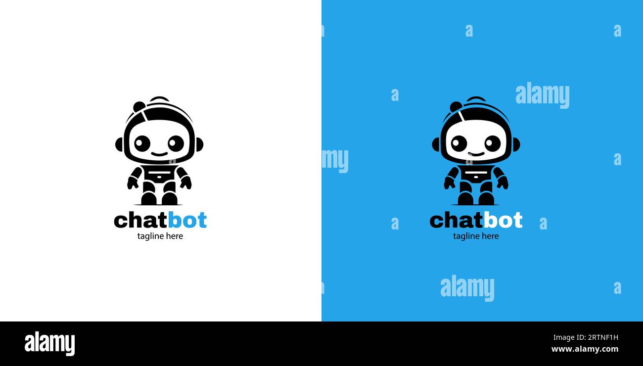 Robot chatbot head icon sign design vector illustration on white and blue background. Cute AI bot helper mascot character . Stock Vector