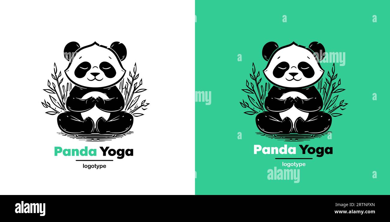 Vector Logo Illustration Panda Simple Mascot of Yoga Style. Logotype mark design template on white and green background. Stock Vector