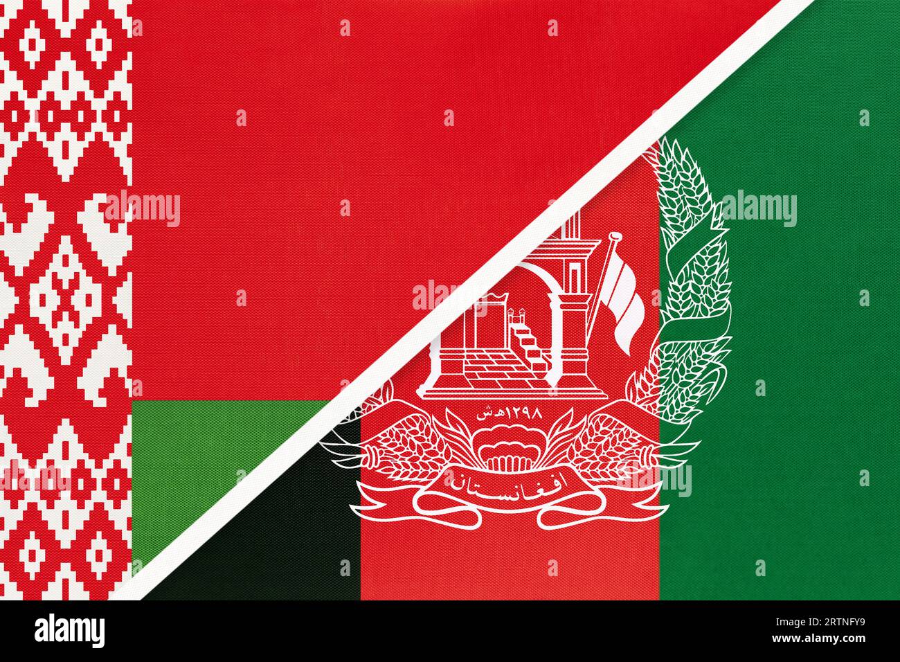 Belarus and Afghanistan, symbol of country. Belarusian vs Afghan national flags. Relationship and partnership between two countries. Stock Photo