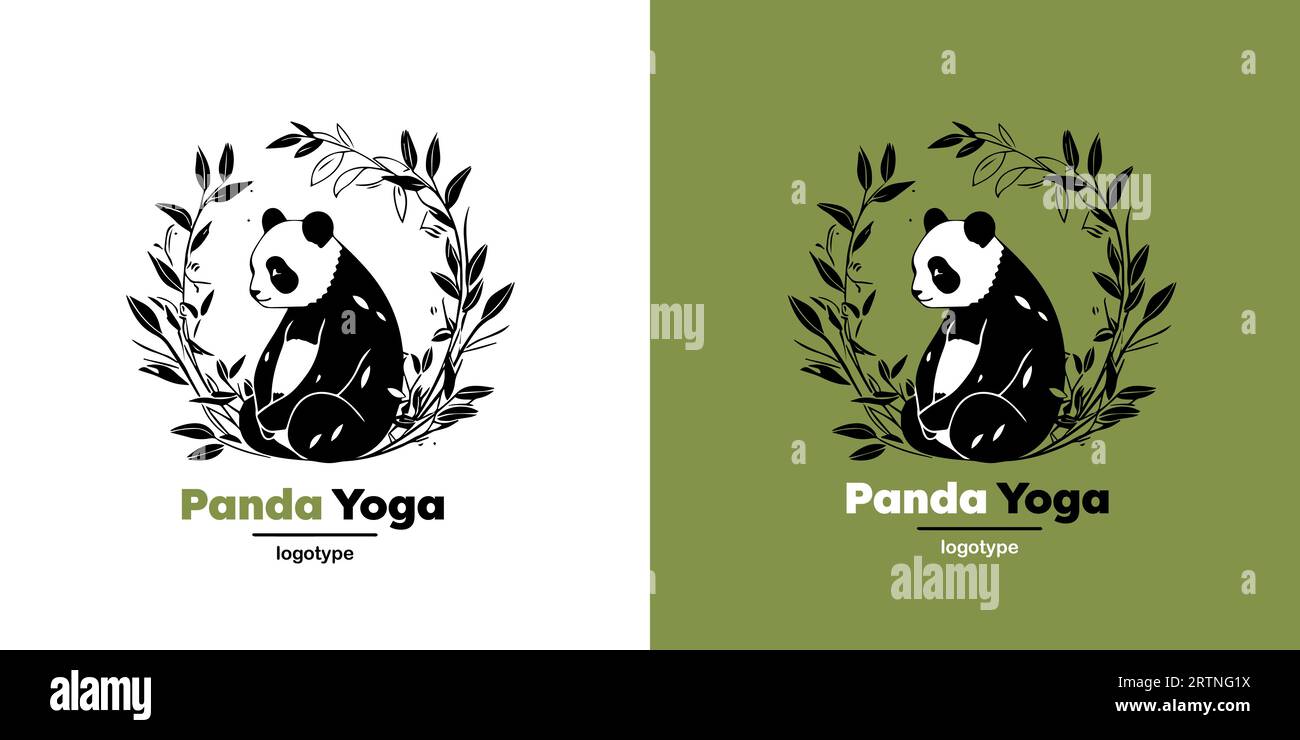 Vector Logo Illustration Panda Simple Mascot of Yoga Style. Logotype mark design template on white and green background. Stock Vector