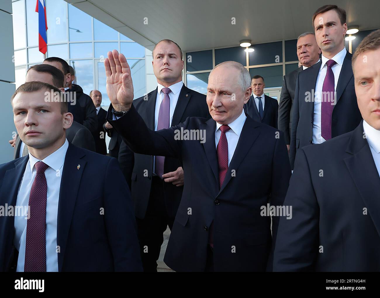 A photo provided by the North Korean government on september 14, shows that, Russian President Vladimir Putin (C) bids farewell to North Korean leader Kim Jong Un, (not seen), as he departs from the Vostochny cosmodrome in Amur region, Russia on Wednesday, September 13, 2023. North Korean state news agency KCNA said on Thursday that, Russian President Vladimir Putin has accepted an invitation from North Korean leader Kim Jong Un to visit Pyongyang at Putin's 'convenient time'. The two leaders met in Russia's Far East on Wednesday for their first face-to-face summit in four years. During the su Stock Photo