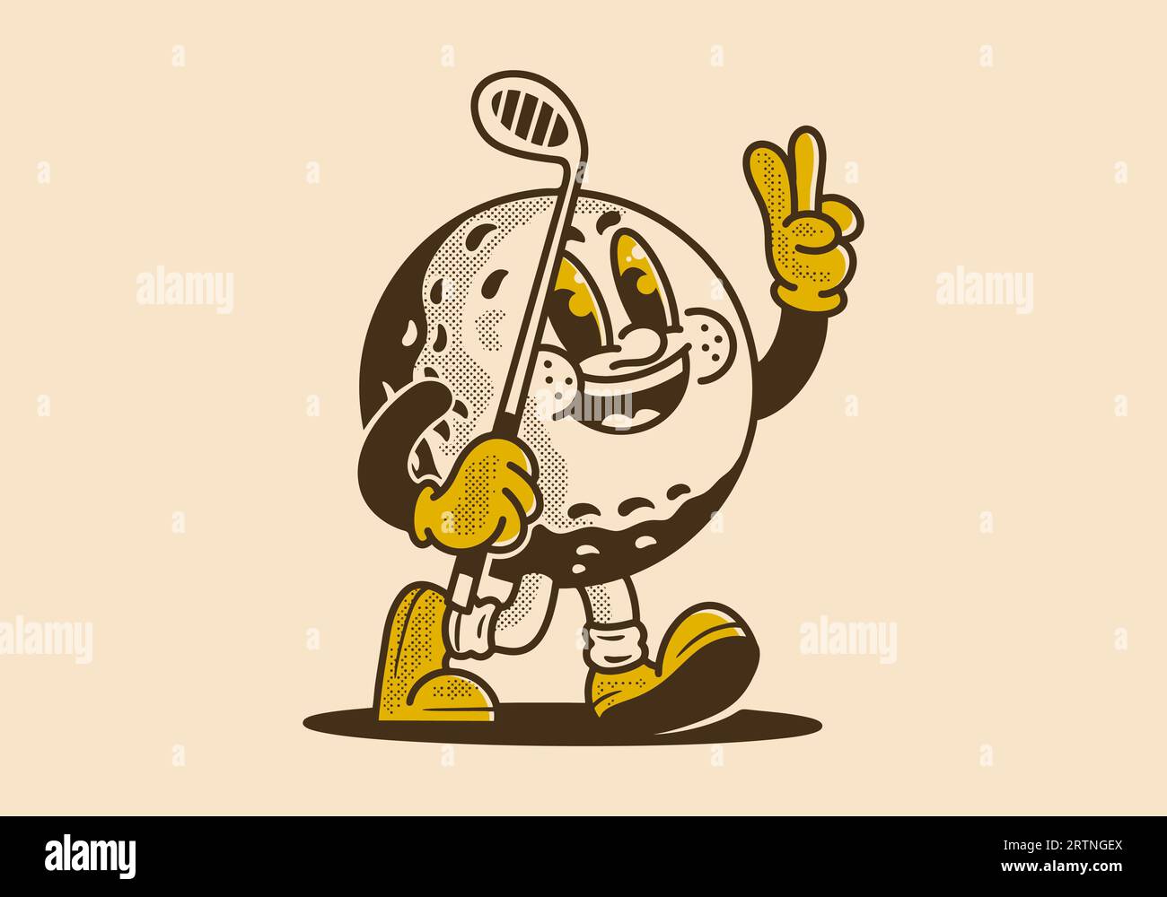 Vintage mascot character illustration of golf ball holding a golf stick
