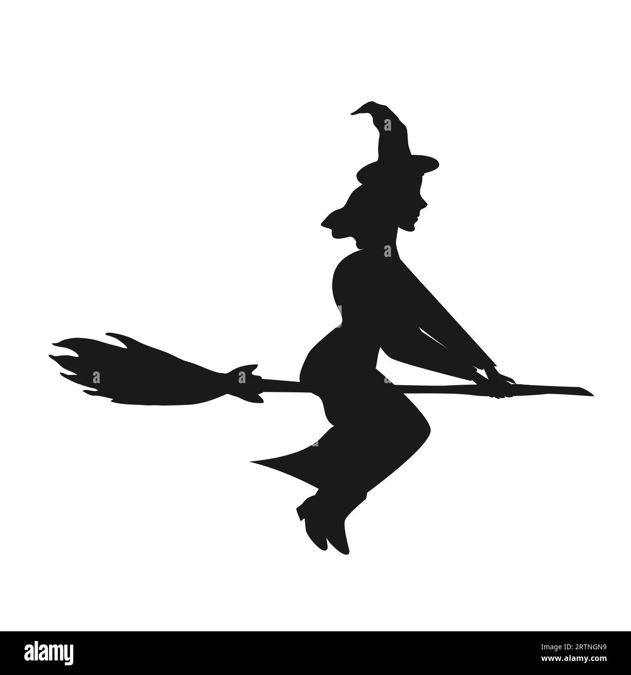 Black witch silhouette flying on magic broom vector cartoon character isolated on white background. Beautiful young witch. Halloween design element. Stock Vector
