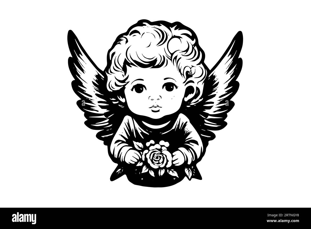 Little angel logotype vector retro style engraving black and white illustration. Cute baby with wings. Stock Vector