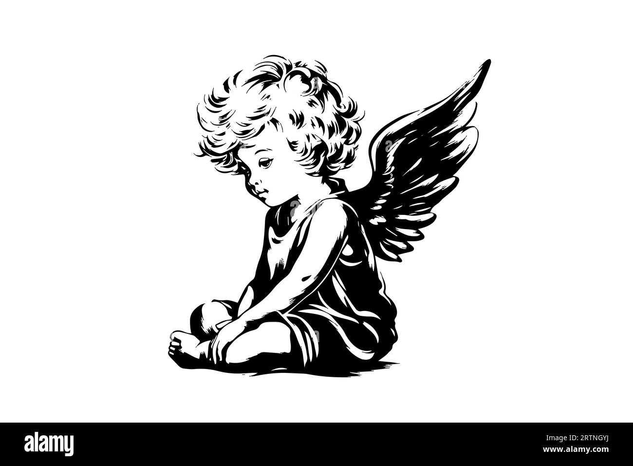 Little angel vector retro style engraving black and white illustration. Cute baby with wings