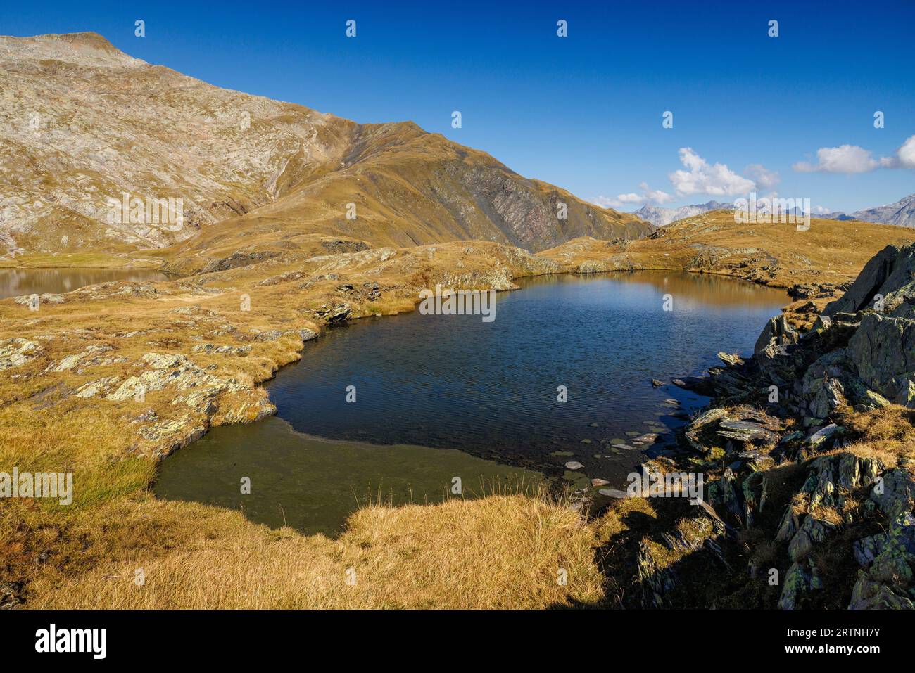 alpine pond near Lago Retico at the boarder of Ticino and Surselva, Switzerland Stock Photo