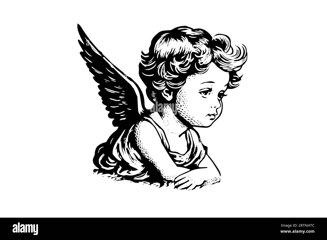 Little angel vector retro style engraving black and white illustration. Cute baby with wings. Stock Vector