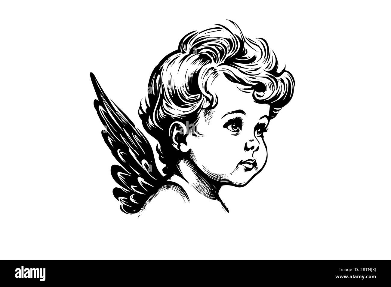 Little angel vector retro style engraving black and white illustration. Cute baby with wings. Stock Vector